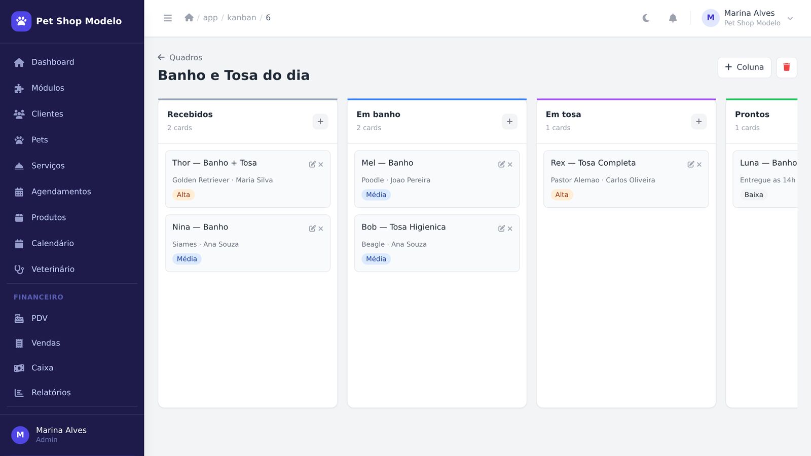Tela de Kanban do TubiPet